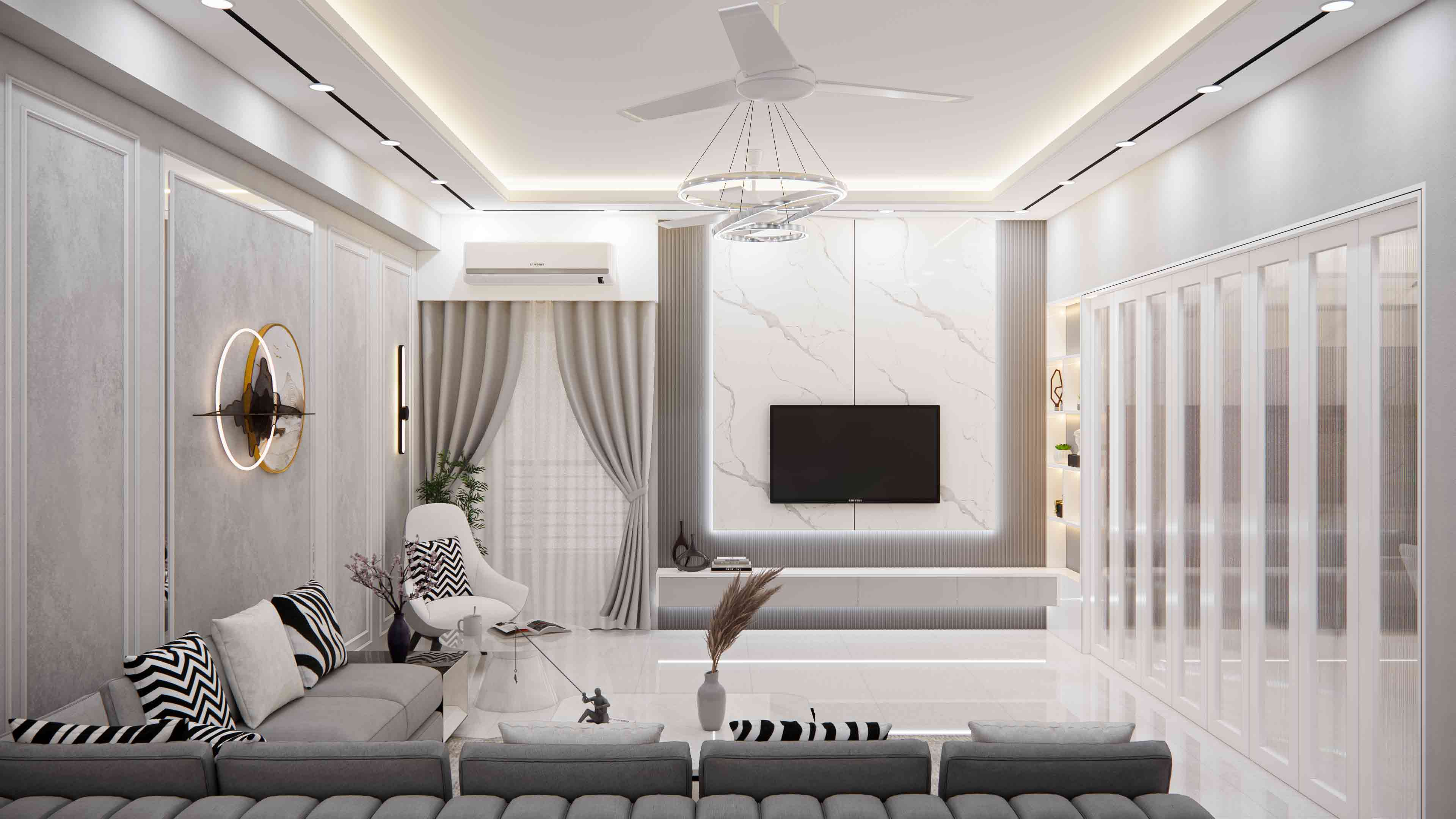 Modern minimal living room with sage green sofas and wooden TV unit